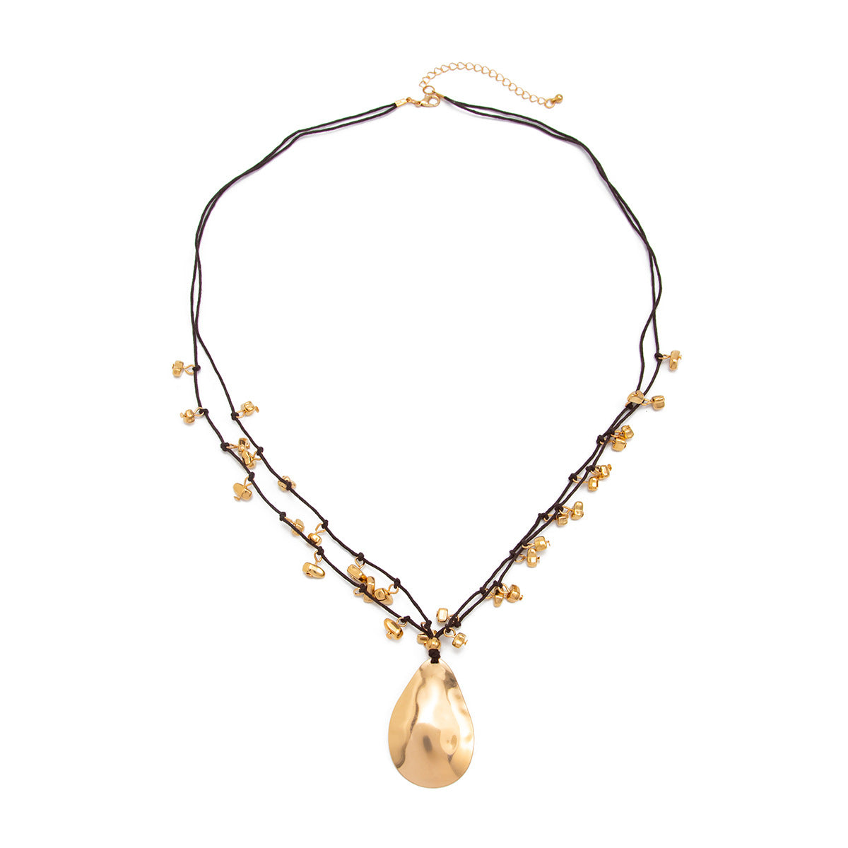 Minimalist Geometric Teardrop Hammered Iron Pendant Wax Cord Necklace for Women