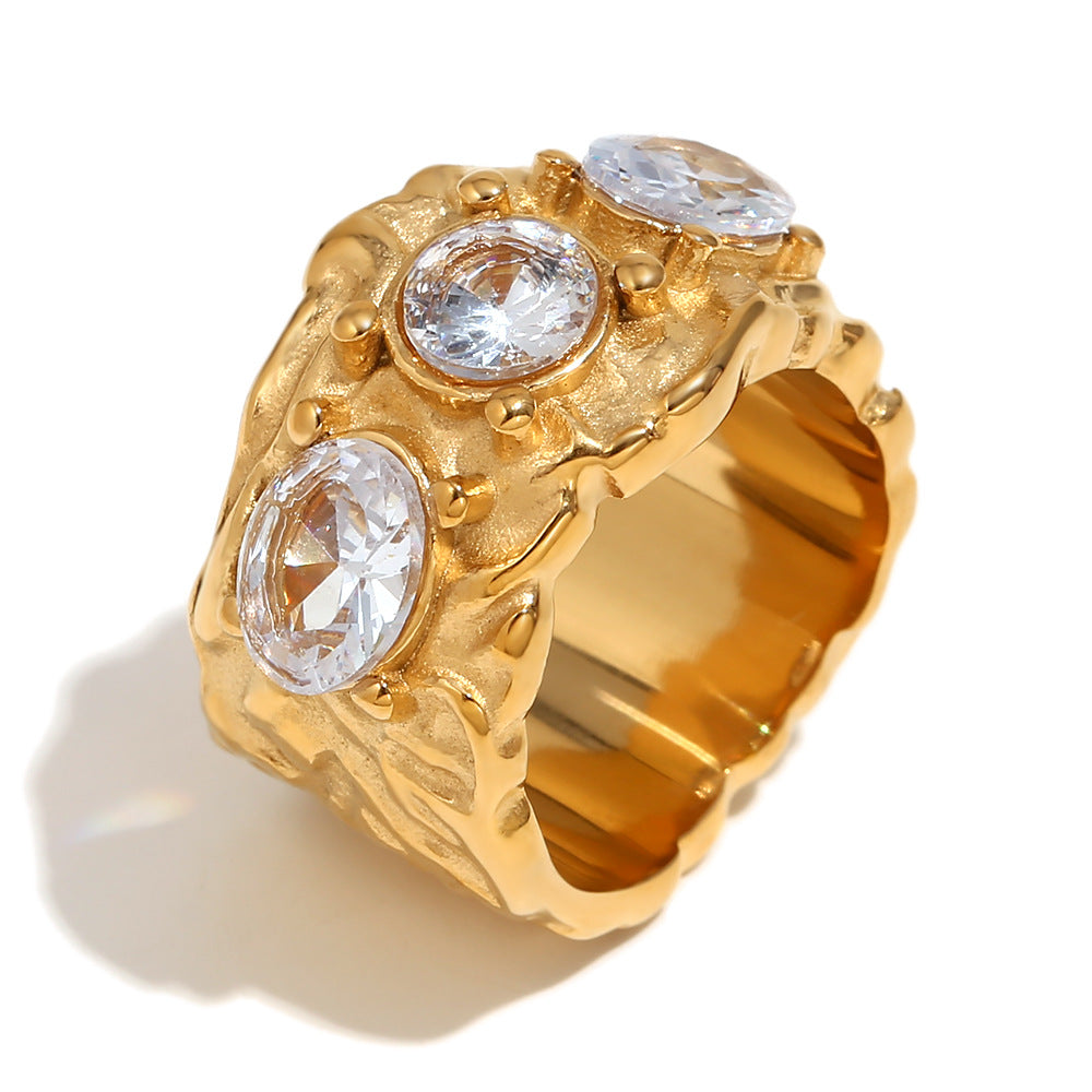 Fashionable Geometric Stainless Steel Plated 18K Gold Irregular Micro-Pave Cast Bracelet and Ring Set