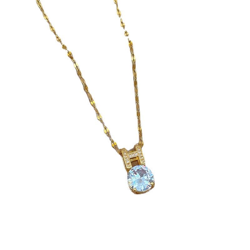 Luxury Minimalist Titanium Steel Geometric Pendant Necklace for Women with Rhinestone Inlay and Delicate Clavicle Chain