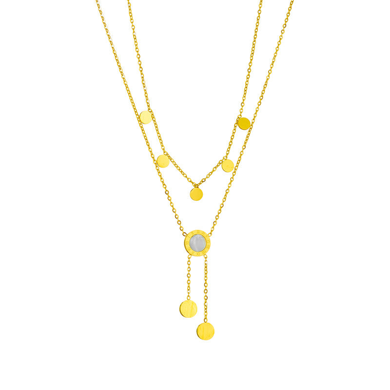 Minimalist Double-Layer Roman Round Pendant Titanium Steel Clavicle Necklace with Tassel Detail for Women