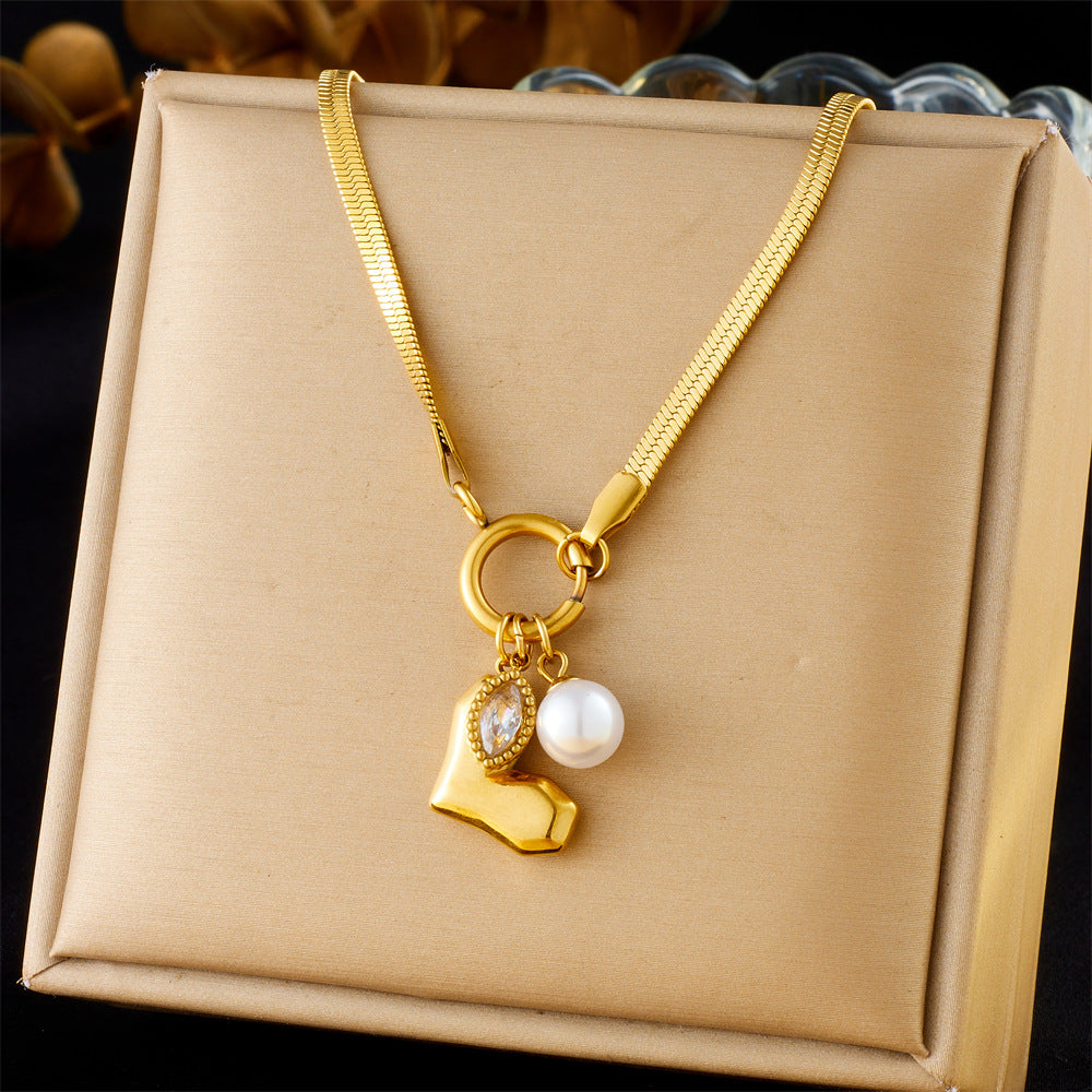 Vintage Elegant Gold Plated Stainless Steel Heart Bow Pearl Pendant Necklace