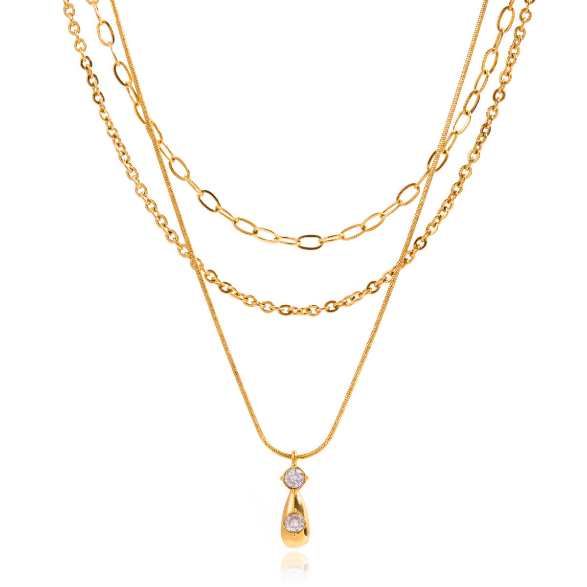 Collana da donna con ciondolo a tre strati in zirconi, in acciaio al titanio stile geometrico e finitura placcata