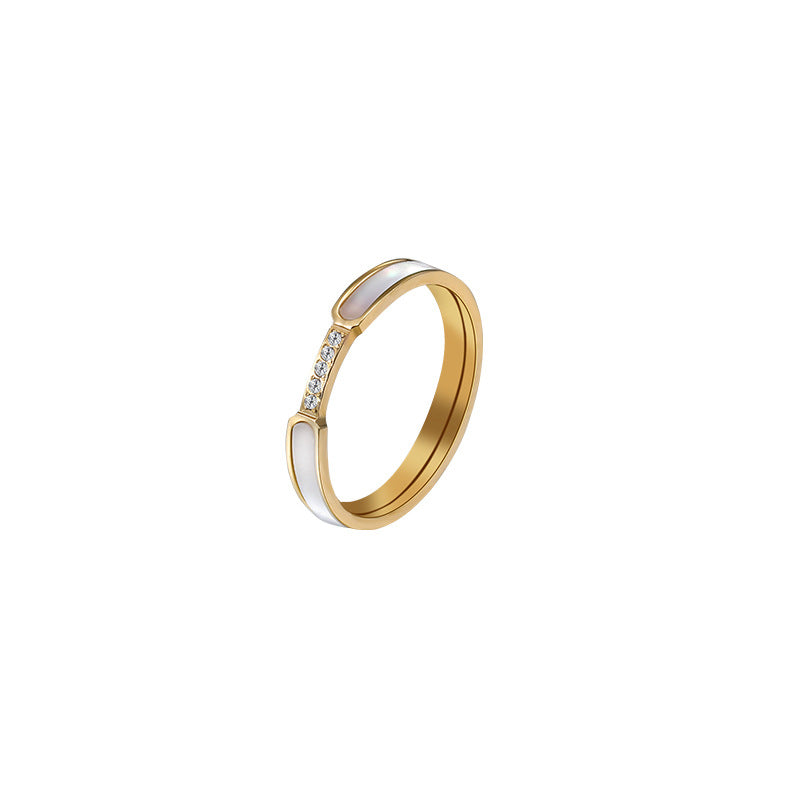 Anello Minimalista Geometrico in Acciaio al Titanio Placcato Oro Rosa con Intarsio in Madreperla per Donna