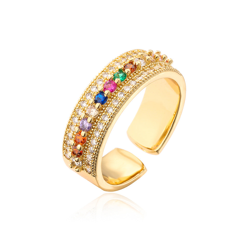 Anello geometrico da donna in rame placcato oro 18 carati e zirconi rainbow micro-incastonati per un look alla moda da indossare ogni giorno