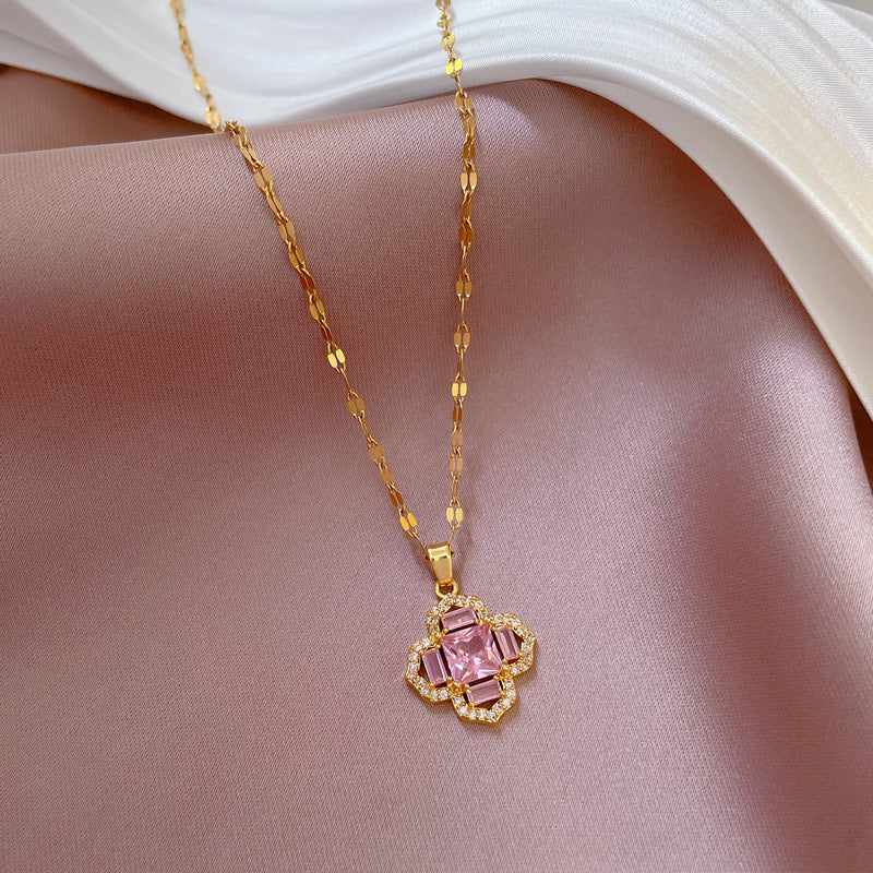 Elegant Floral-Shaped Titanium Steel Necklace with Micro-Paved Zirconia for Women, Delicate Clavicle Chain