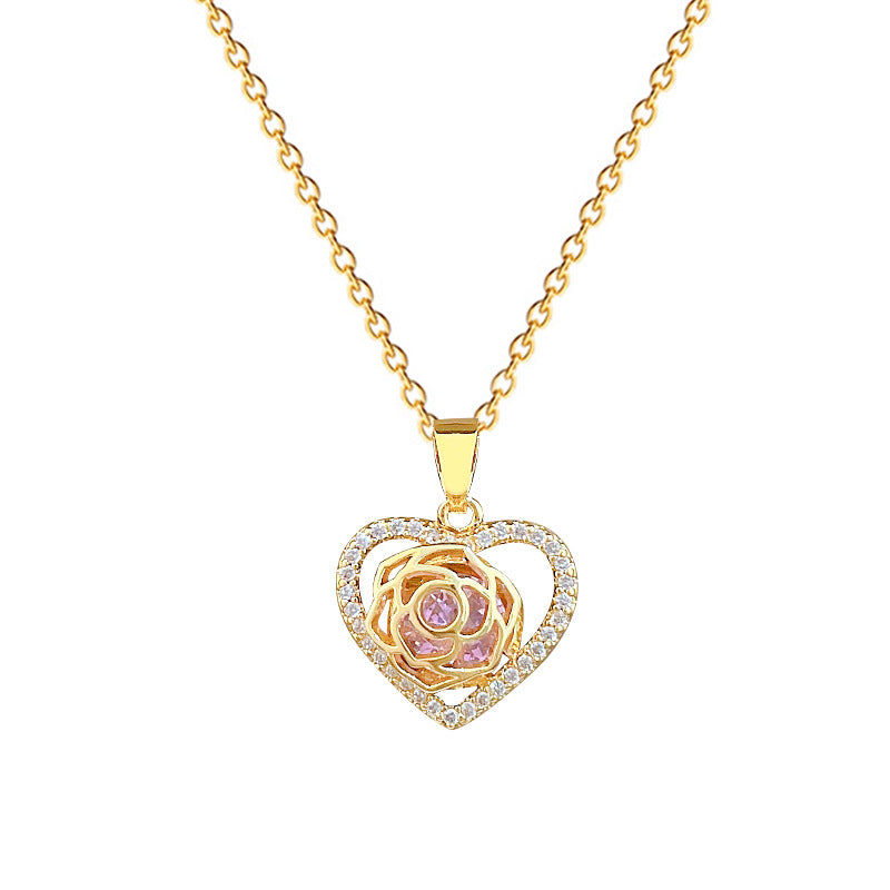 Sweet Heart Rose Rhinestone Titanium Steel Necklace Unisex Cable Chain
