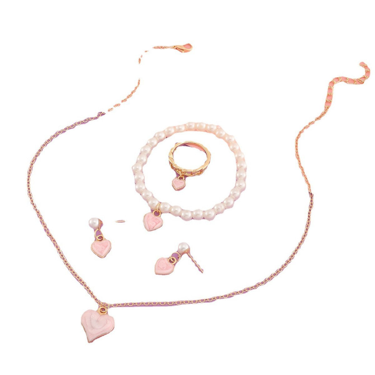 Conjunto de Collar, Pulsera y Pendientes con Cadena de Serpiente de Aleación con Forma de Corazón Tono Frío Minimalista con Acentos de Perlas para Niñas
