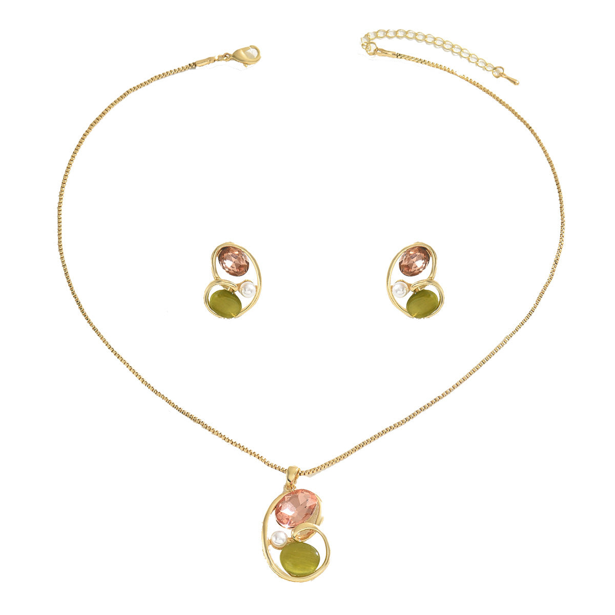Minimalist Geometric Copper Pendant Necklace and Earrings Set with Rhinestone Inlay for Women
