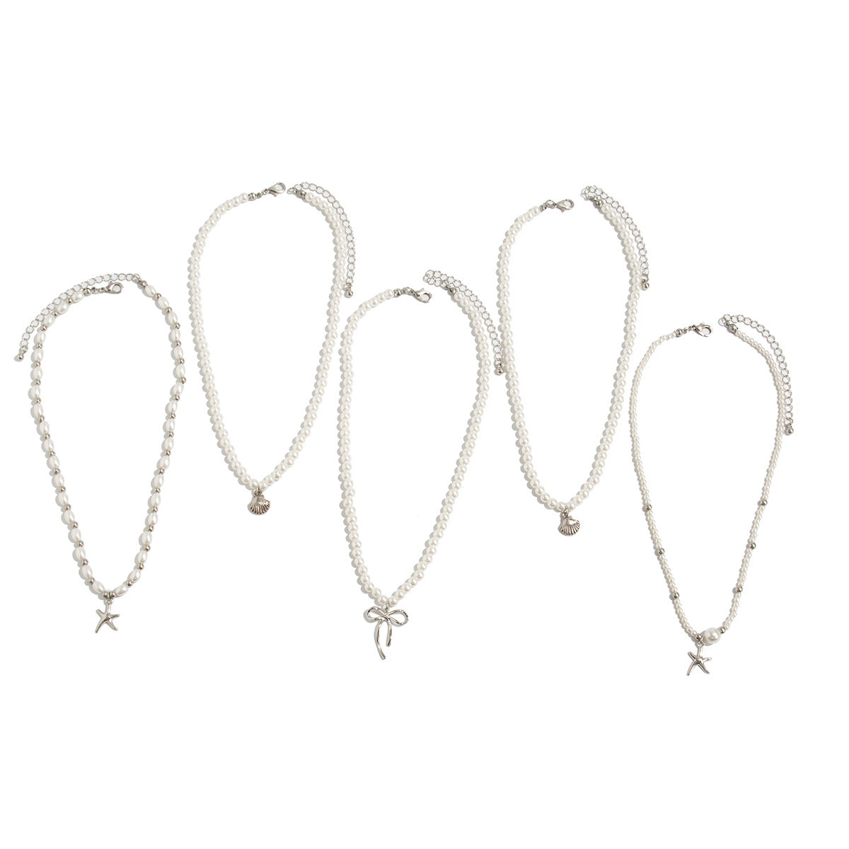 Minimalist Star and Bow Pendant Necklace for Women with Imitation Pearl Accents on Beaded Chain