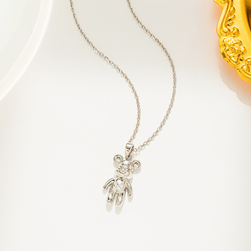 Collana con ciondolo orso minimalista da donna in acciaio al titanio con intarsio di strass su catena a O