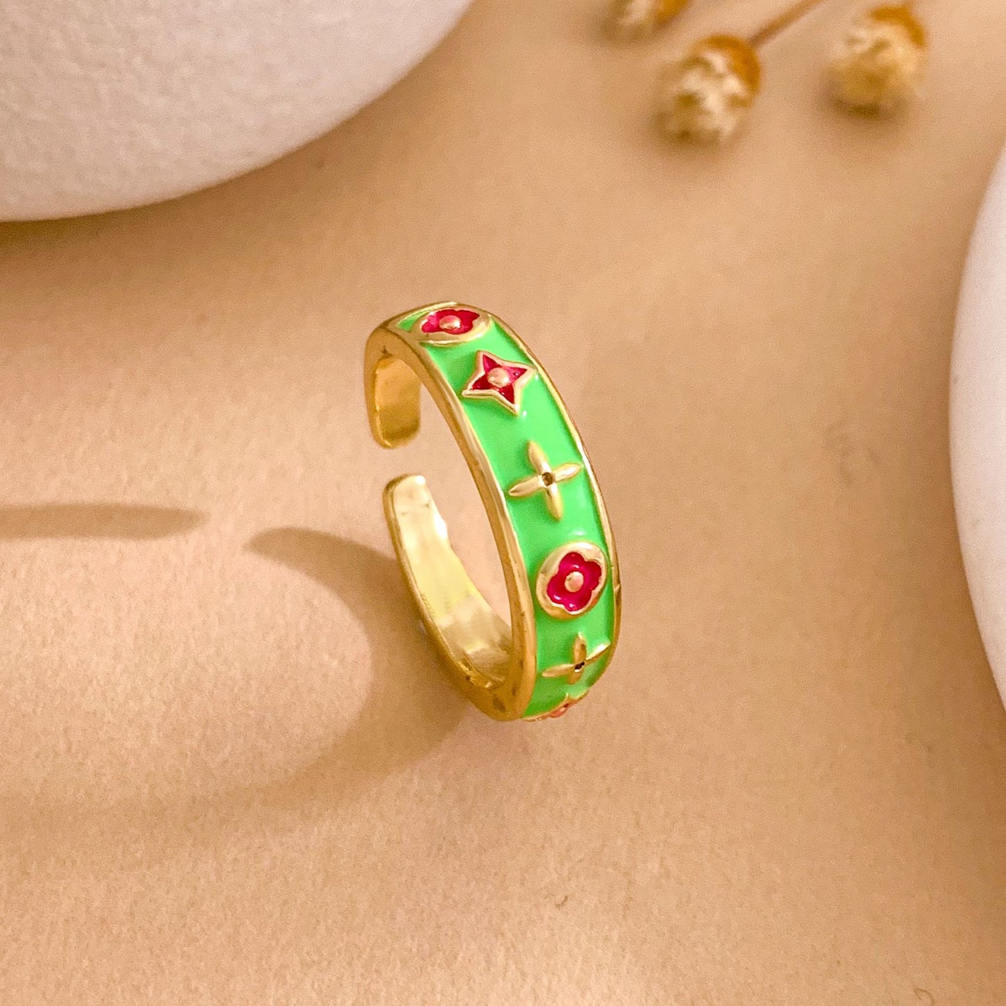 Vintage Sweet Gold Plated Brass Enamel Geometric Open Ring for Women
