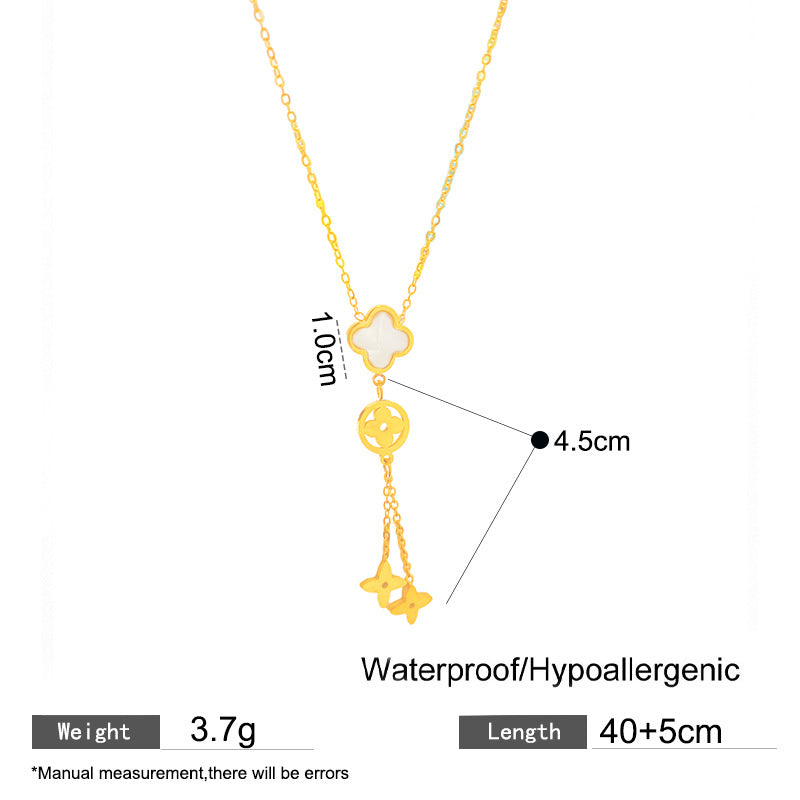 Minimalist Sweet Heart Floral Polished Gold Plated Titanium Steel Necklace with Tassel and White Shell