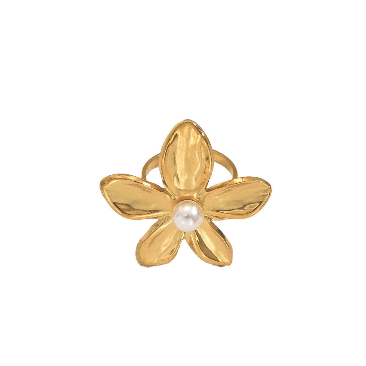 Anillo Floral Calado de Cobre para Mujer con Incrustaciones de Perlas para Dedo Índice, Moderno y Versátil