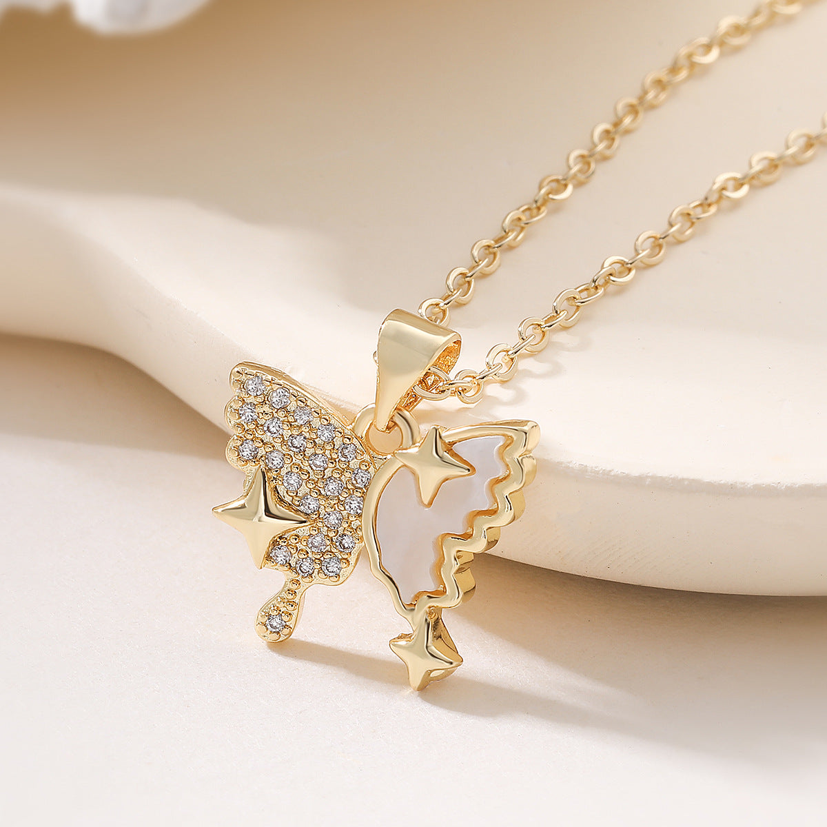 Minimalist Elegant 18K Gold Plated Brass Geometric Butterfly Pendant Necklace with Cubic Zirconia for Women