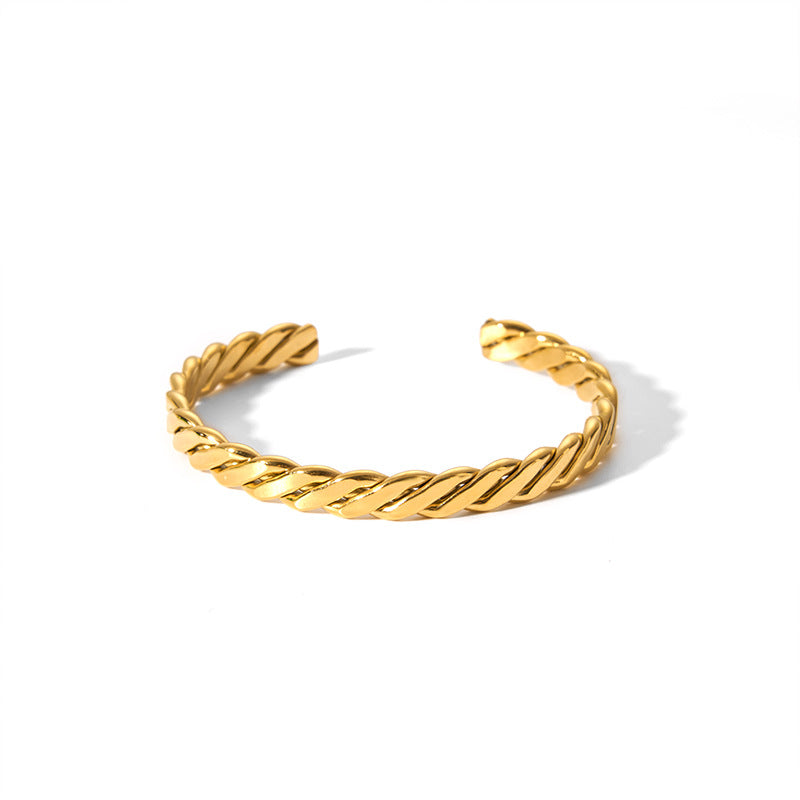Bracciale da donna rigido aperto minimalista intrecciato in acciaio inossidabile placcato oro 18 carati
