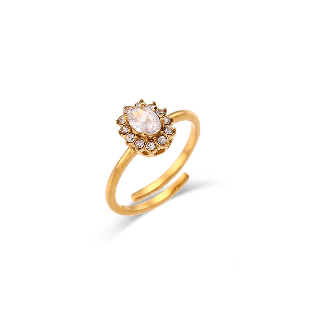 Minimalist Luxe Oval-Shaped Stainless Steel Plated 18K Gold Adjustable Ring with Cubic Zirconia