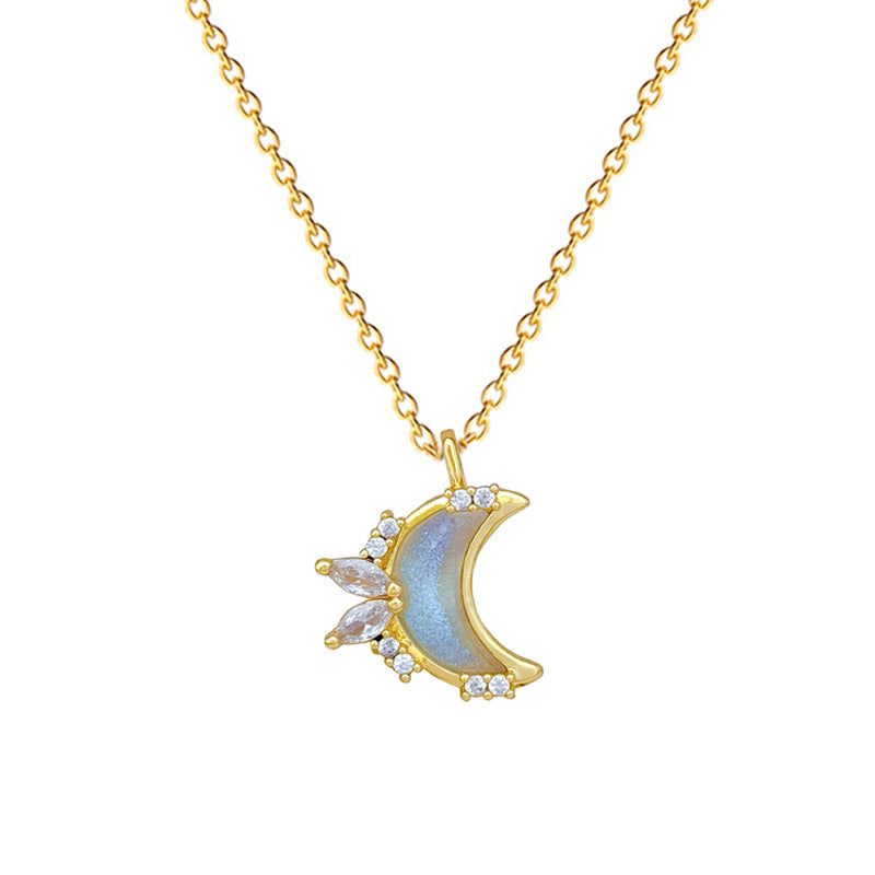 Collar minimalista de acero de titanio con forma de luna y circonitas incrustadas para mujeres y hombres, delicada cadena de clavícula