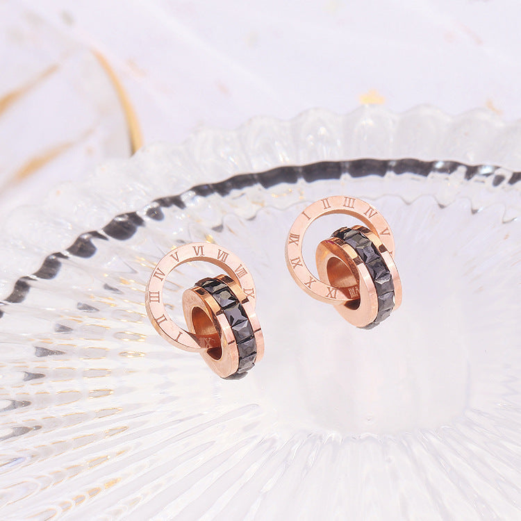 Geometric Double-Hoop Rose Gold Plated Titanium Steel Stud Earrings for Women with Rhinestone Accents