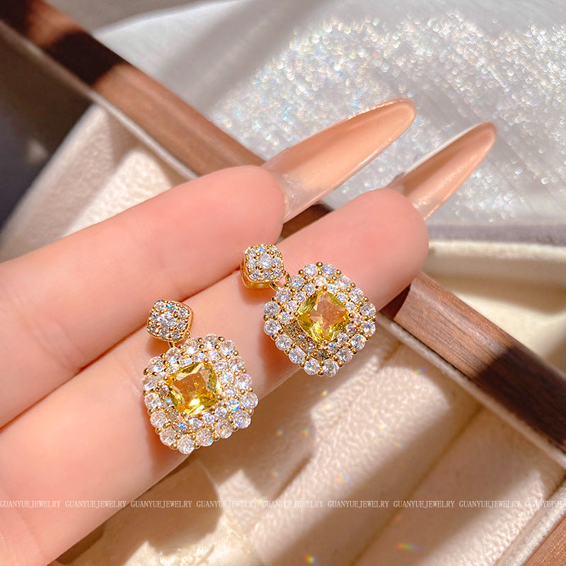 Sweet Minimalist Micro-set Cubic Zirconia Square Geometric Titanium Steel Pendant Necklace Earring Set