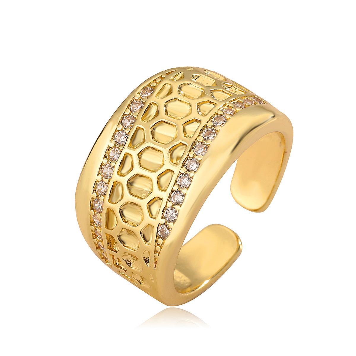 Geometric Wide Band Ring for Women in Copper with 18K Gold Plating and Zircon Inlay, Fashionable Adjustable Open-Style Band