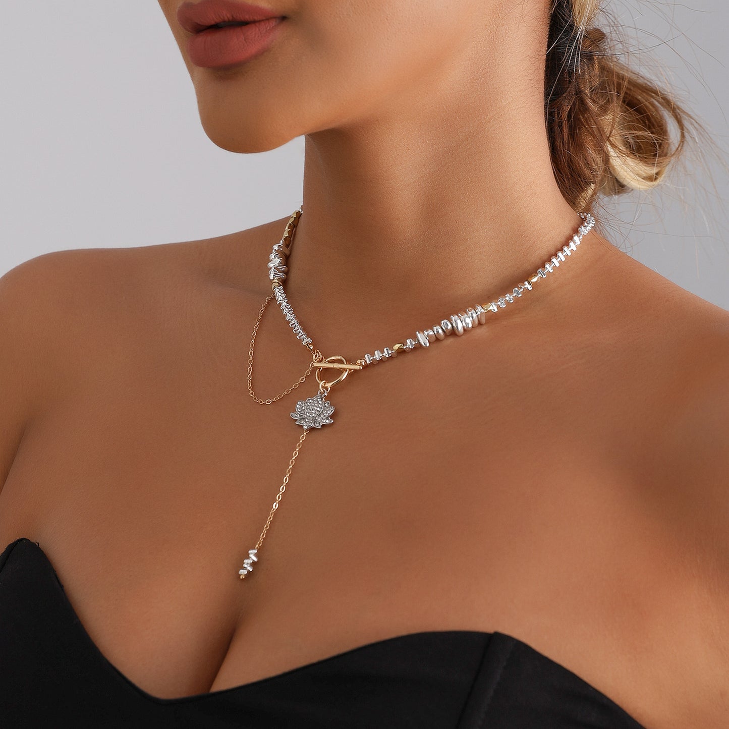 Geometric Triangle Lotus Rhinestone Inlay Alloy Pendant Necklace with Tassel for Women