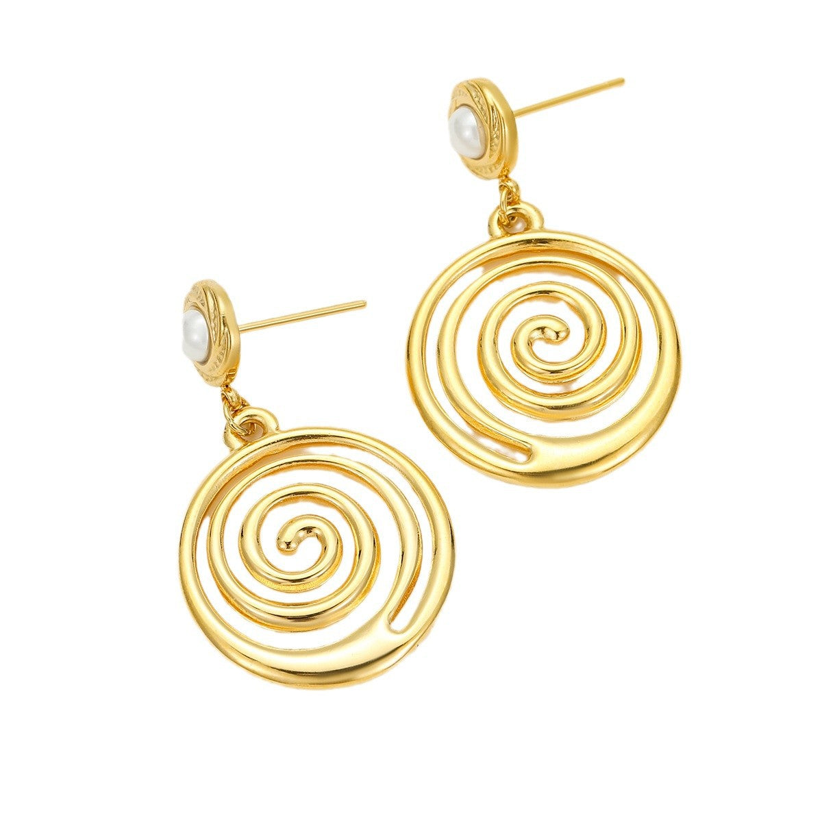 Pendientes de perlas circulares estilo lujo en acero de titanio con acabado chapado para mujer