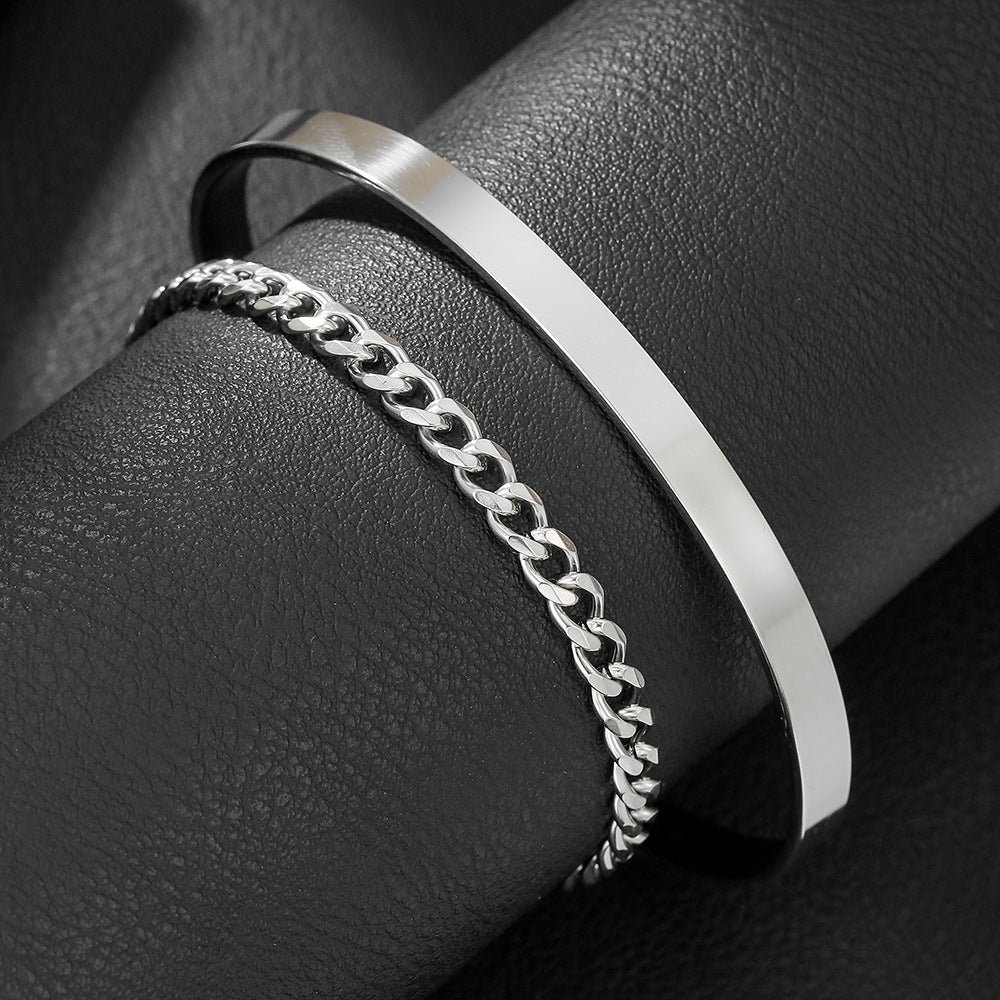 Hip-hop Round Stainless Steel Cuban Link Chain Open Cuff Bracelet for Men and Women