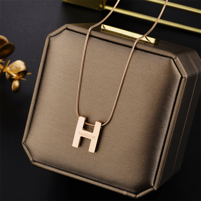 Minimalist Letter H Pendant Necklace in Titanium Steel with Plated Finish for Women