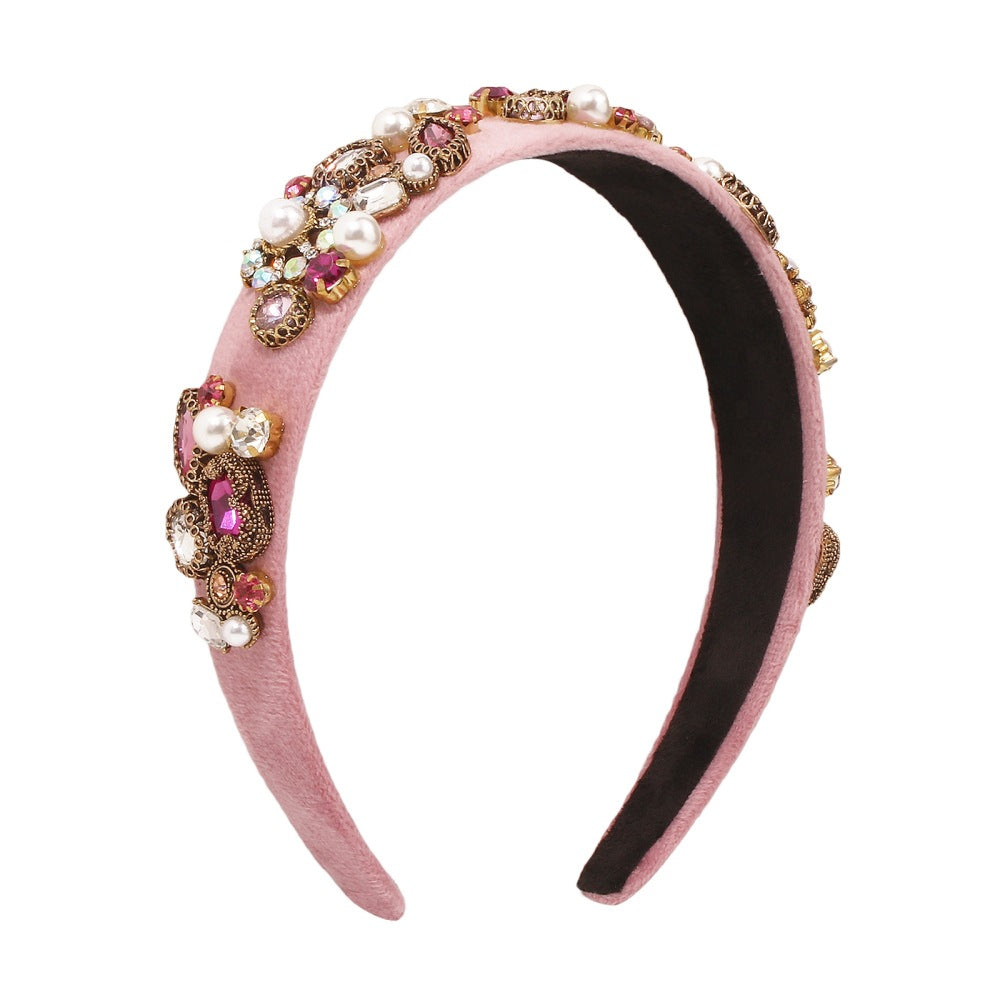 Cerchietto Barocco Geometrico da Donna con Struttura in Lega, Fascia in Velluto, Dettagli in Strass e Perle, Copricapo di Lusso Stile Palazzo