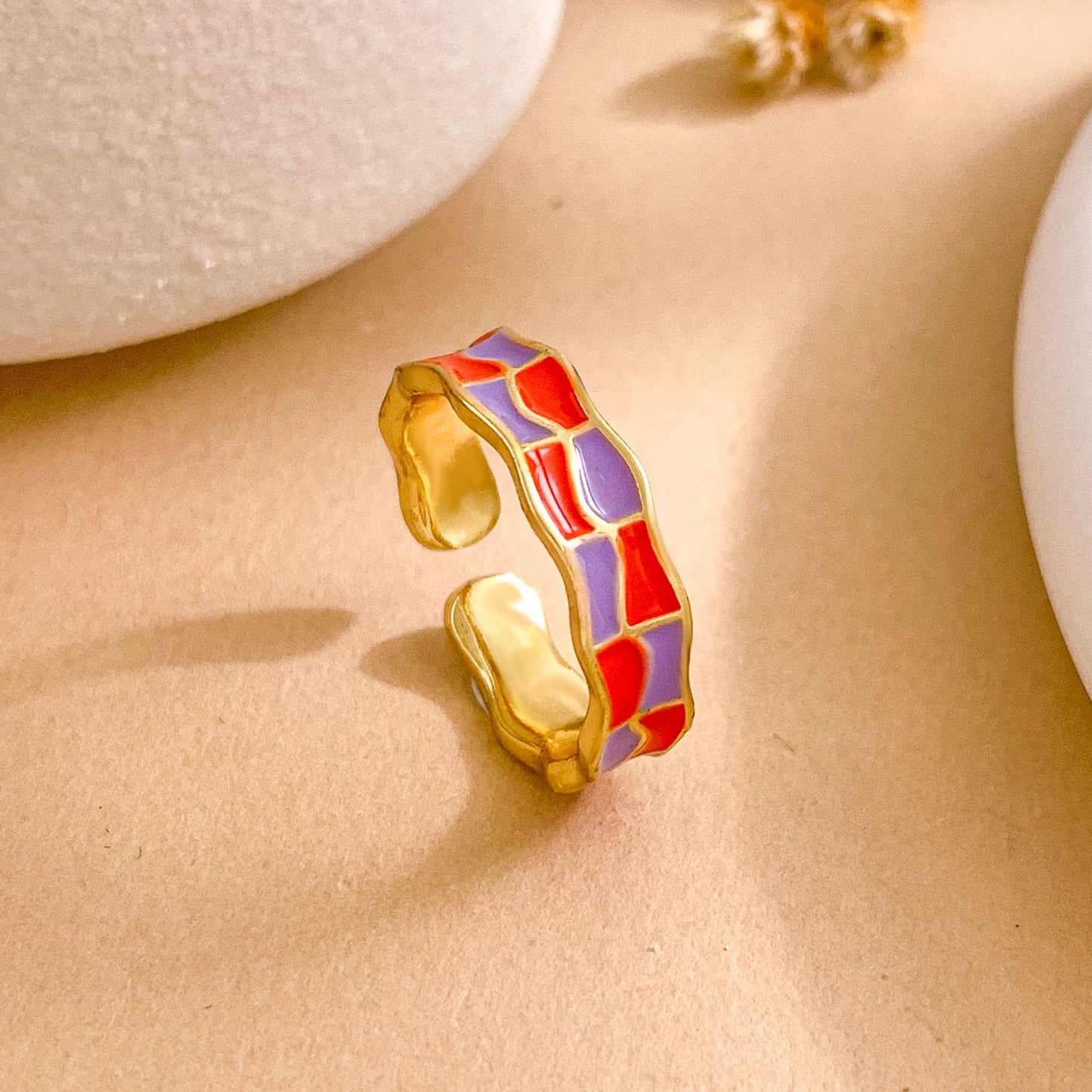 Sweet Checkered Enamel Gold Plated Brass Geometric Open Ring for Women