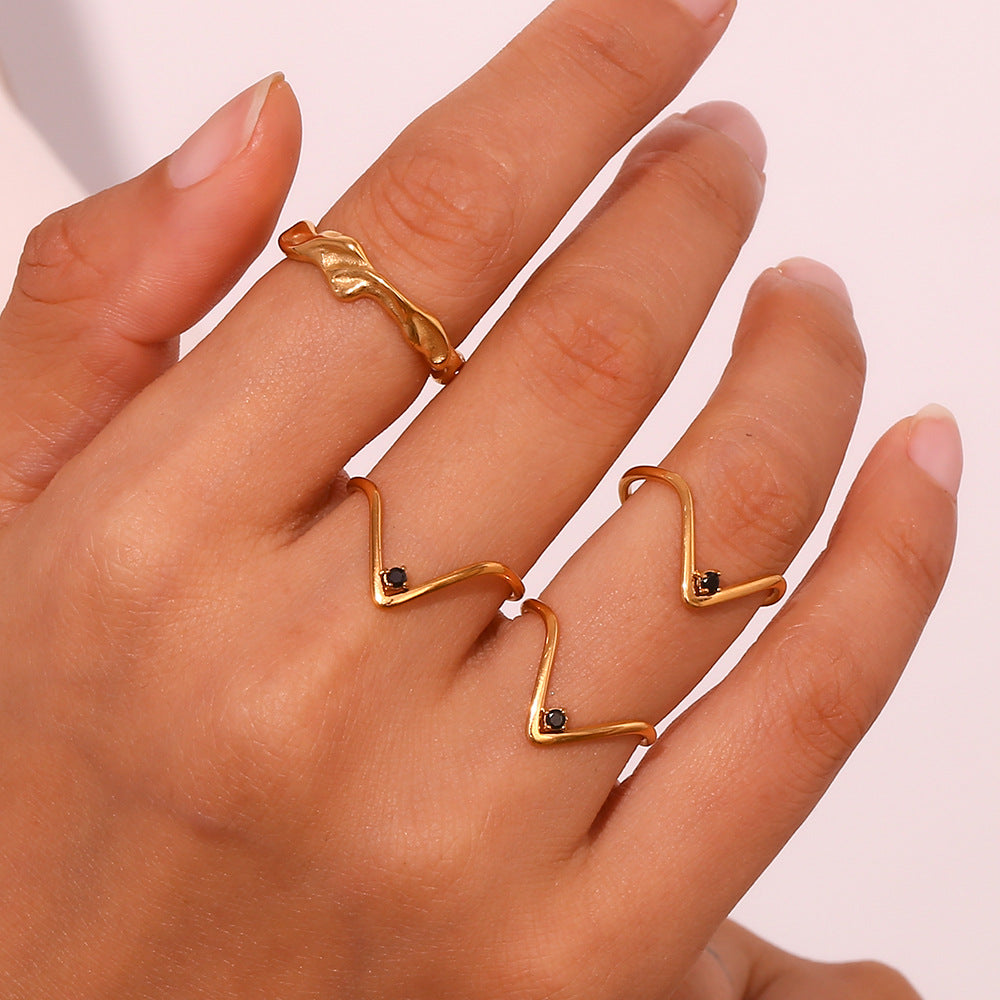 Minimalist Geometric Stainless Steel Ring with 18K Gold Plating and Micro-Pavé Rhinestones for Women
