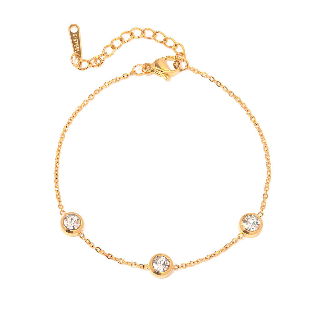 Minimalist Round Geometric Stainless Steel Bracelet with 18K Gold Plating and Zircon Accents for Women
