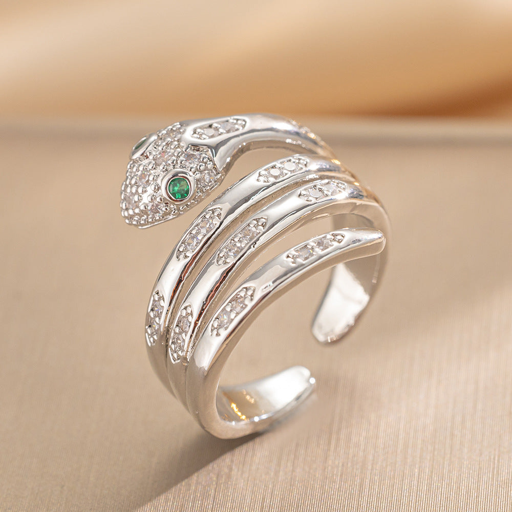 Geometric Snake-Shaped Zirconia-Set Copper Ring with Gold Plating for Women and Unisex — Minimalist Luxury Fashion Ring