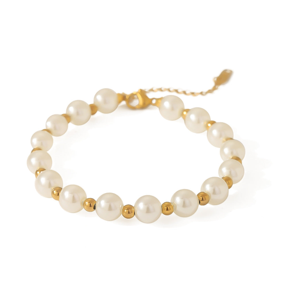 Bracciale geometrico in stile barocco in acciaio inossidabile placcato oro 18 carati con perle simulate e perline dorate