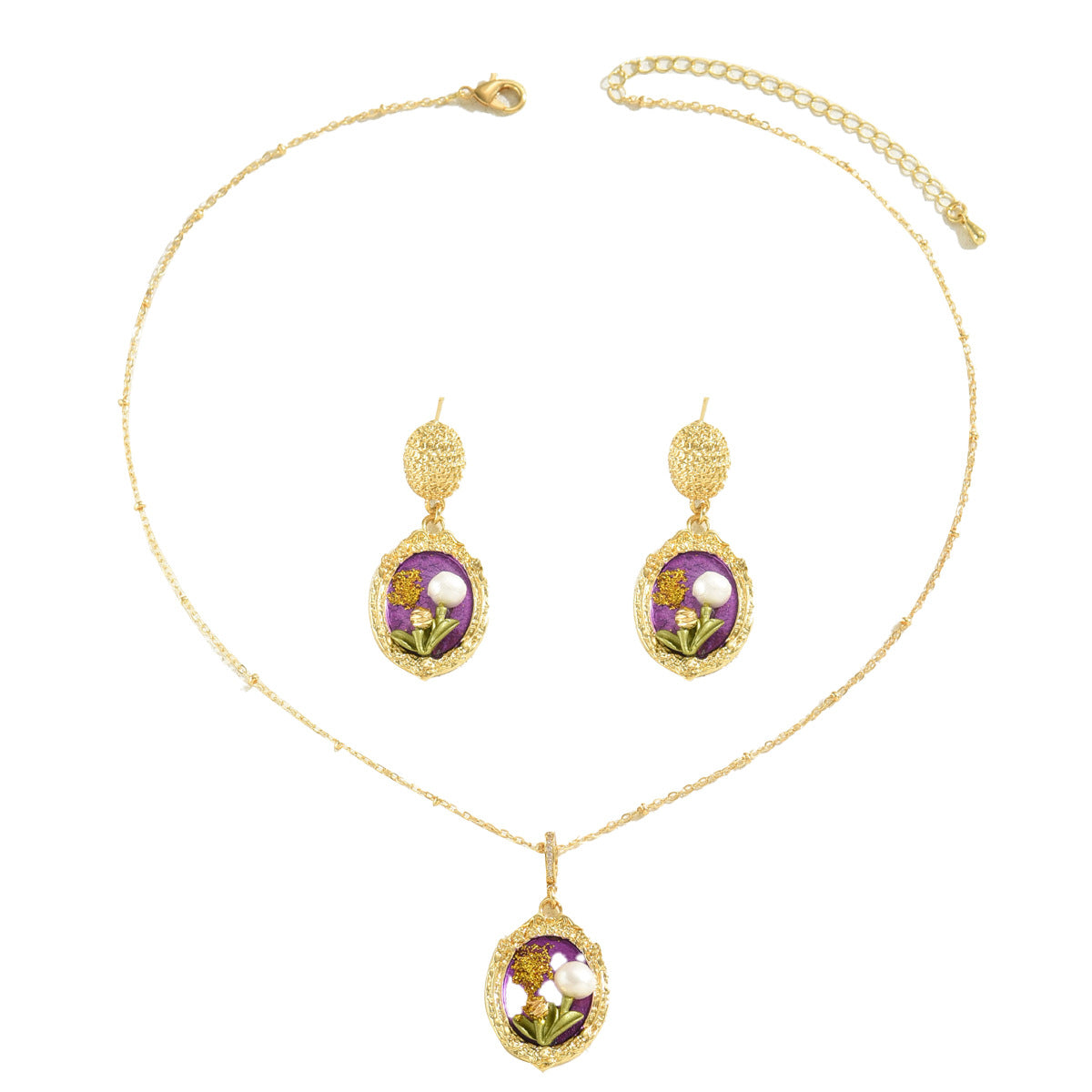 Baroque Style Floral Pendant Necklace and Earrings Set for Women with Enamel Finish Zinc Alloy Minimalist Collar Chain
