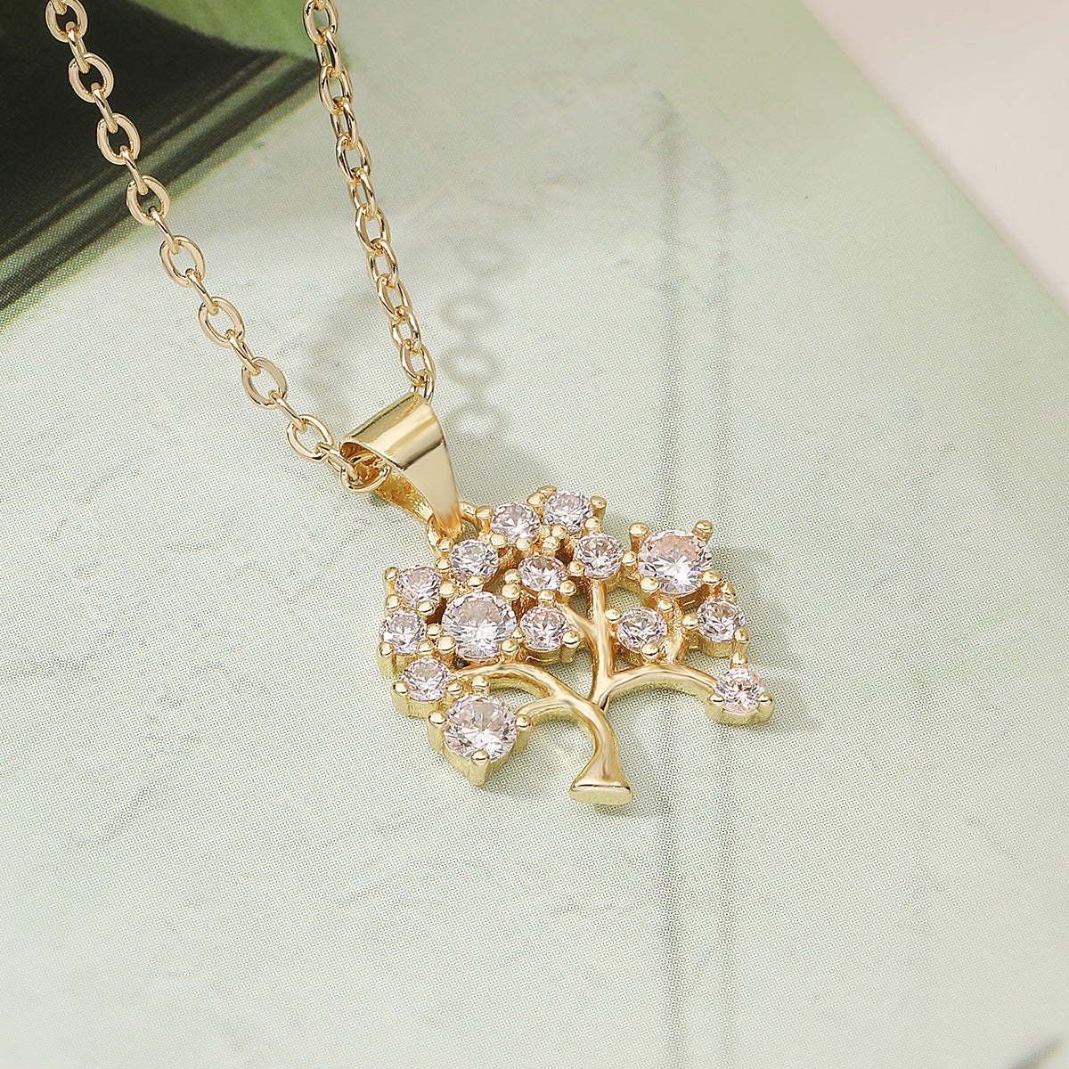 Minimalist Luxury Gold Plated Geometric Tree of Life Cubic Zirconia Pendant Necklace for Women