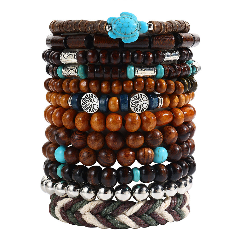 Vintage Hip-hop Round Wood Bead Alloy Multi-layer Stretch Bracelet Set
