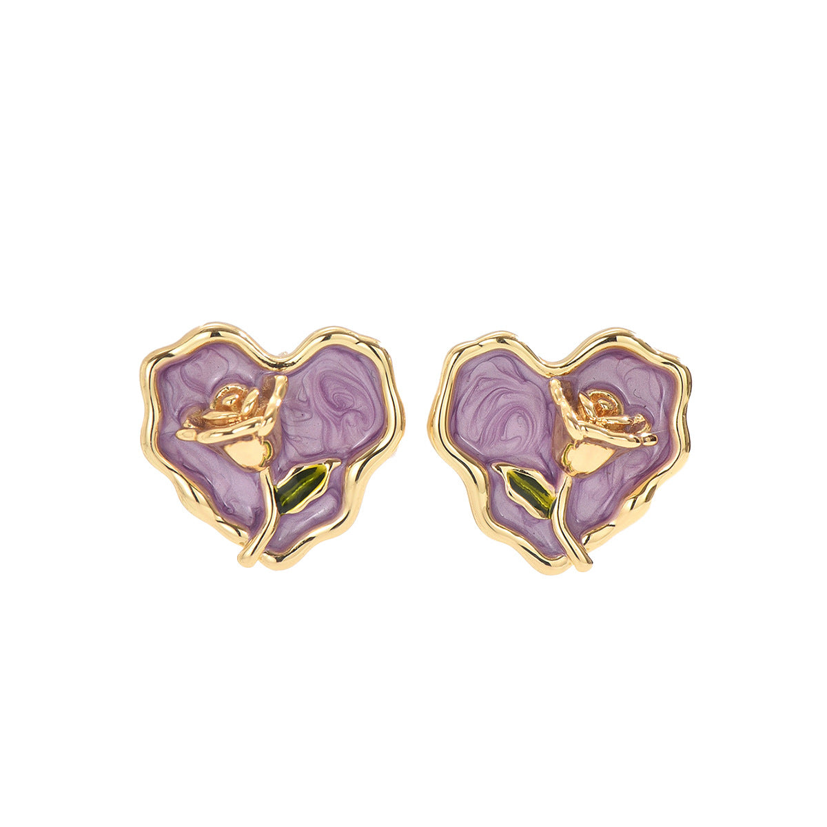 Orecchini da donna smaltati a forma di cuore con rose floreali, rustici e minimalisti, con perni in acciaio inossidabile