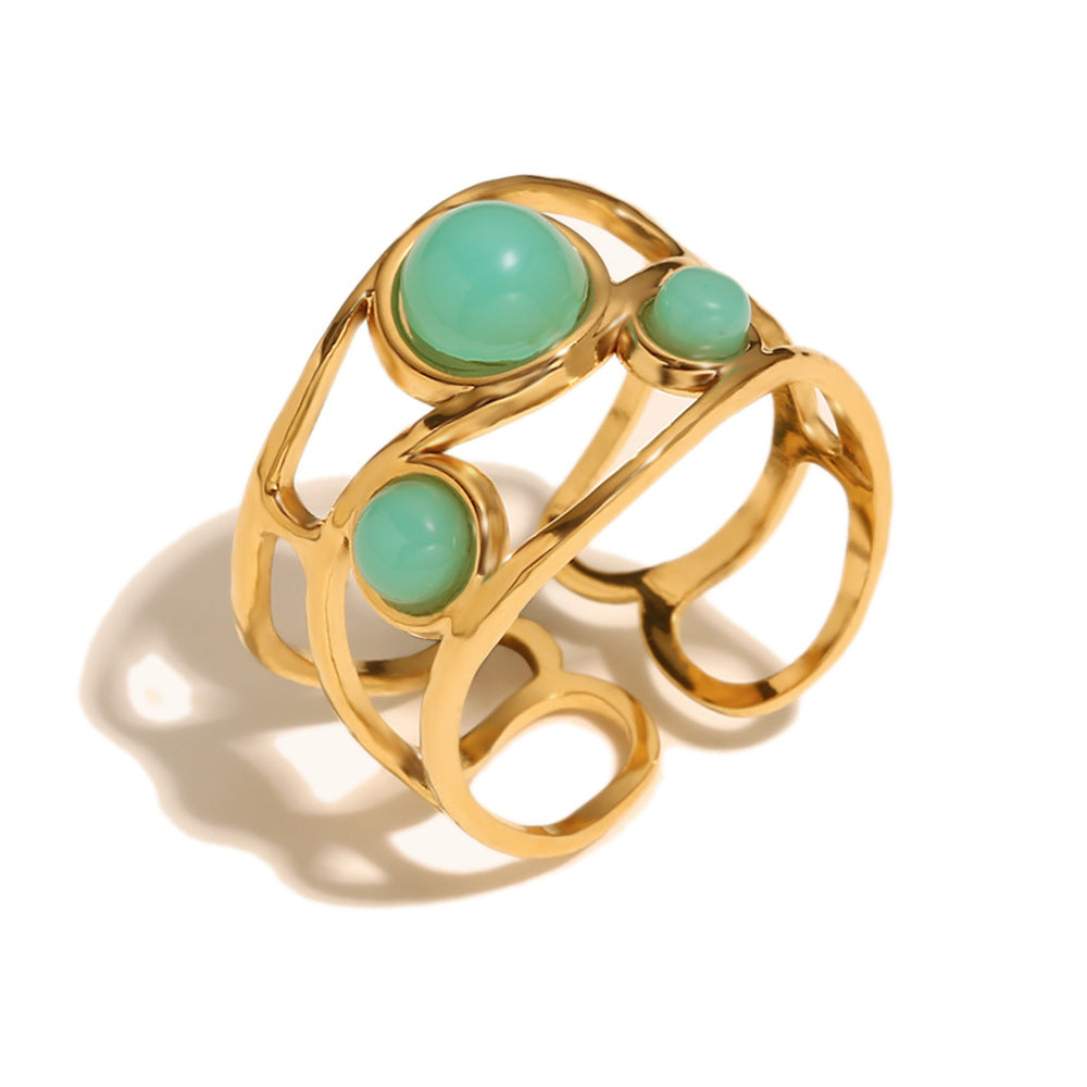 Fashionable Geometric Stainless Steel Ring with 18K Gold Plating and Emerald Accent for Women
