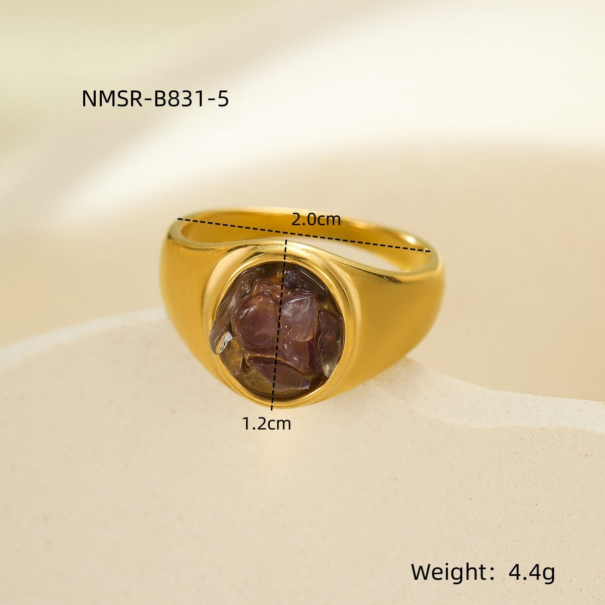 Fashionable Minimalist Round Stainless Steel Ring with Natural Stone Inlay for Women, Hypoallergenic and Fade-Resistant