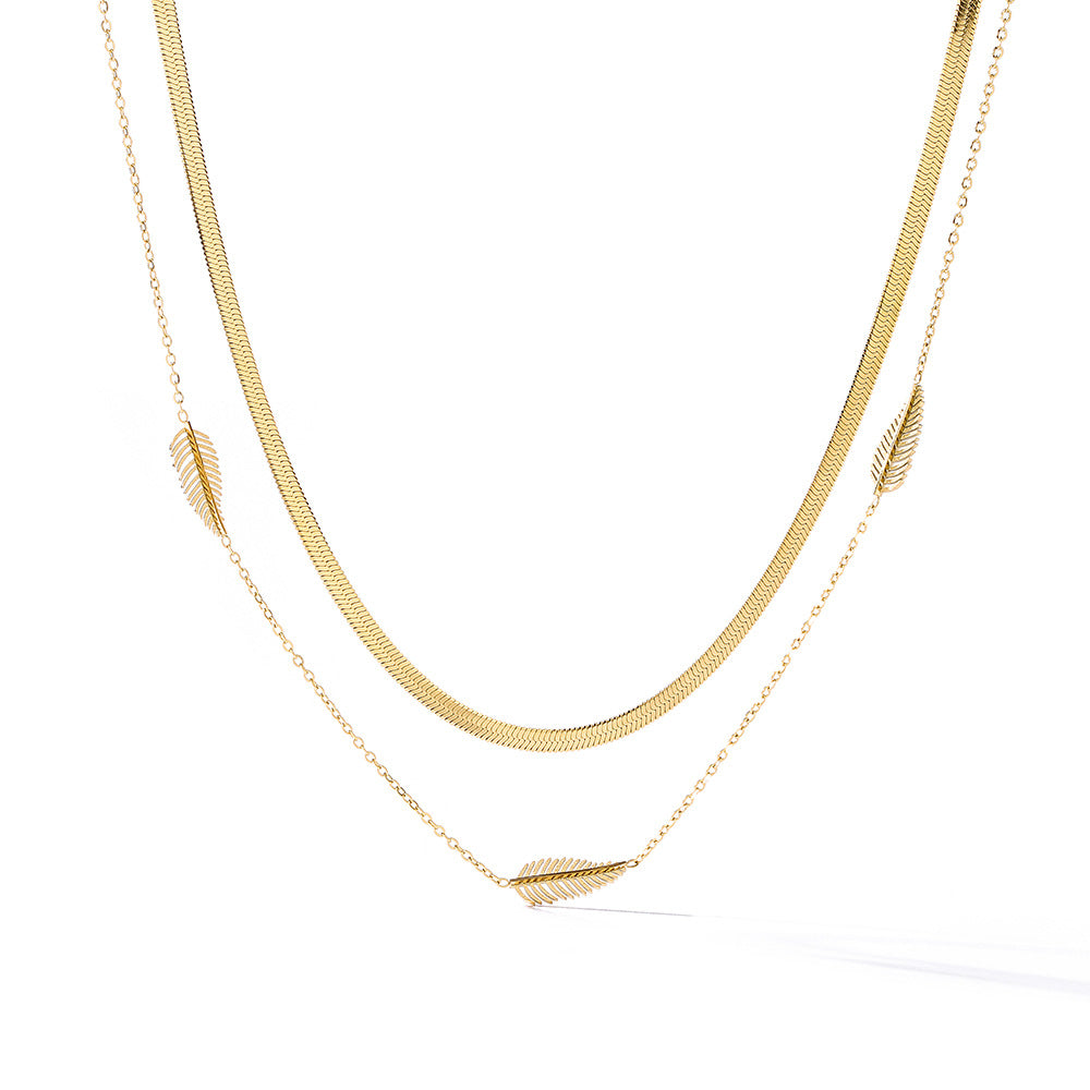 Minimalist Feather Tree Pendant Necklace for Women Titanium Steel Double Layer Clavicle Chain