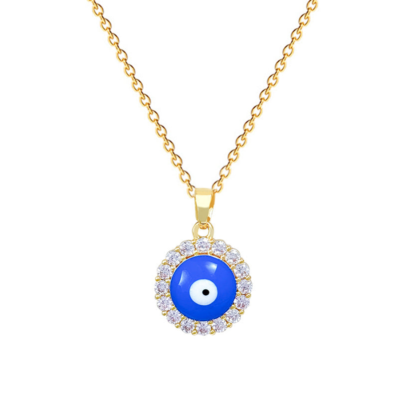 Sweet Round Rhinestone Evil Eye Pendant Necklace Titanium Steel Cable Chain for Unisex