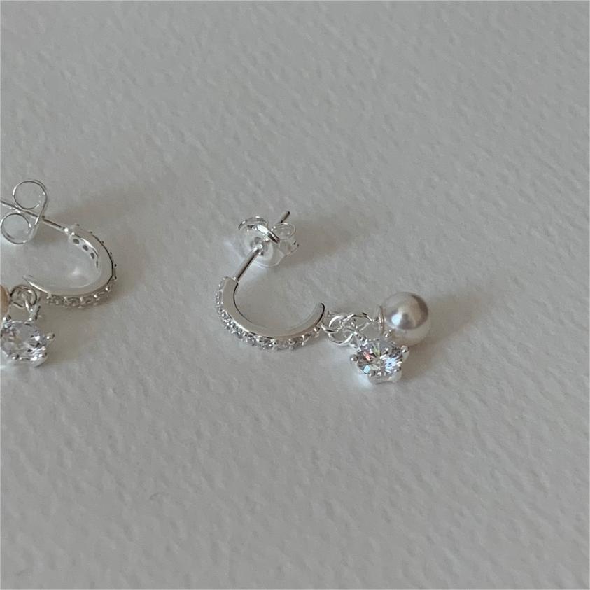 Minimalist Sweet 925 Sterling Silver Geometric Six-Prong Cubic Zirconia Pearl Stud Earrings Gold Plated