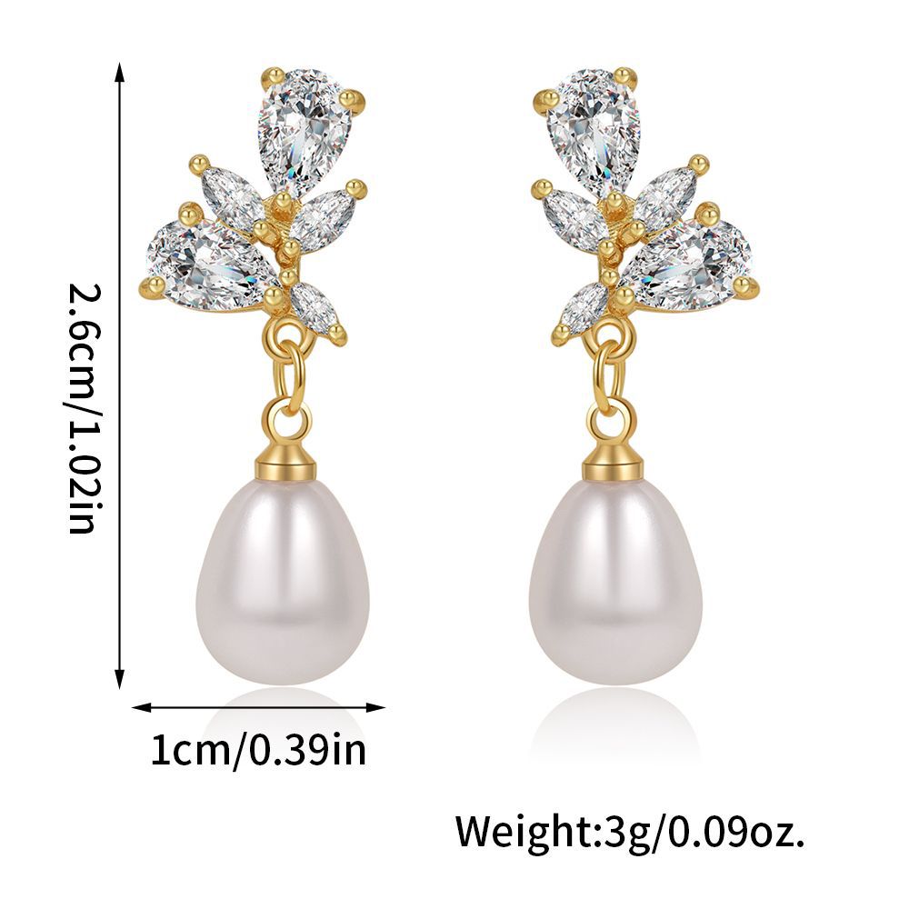 Geometric Round Brass Gold Plated Cubic Zirconia Pearl Drop Earrings for Women