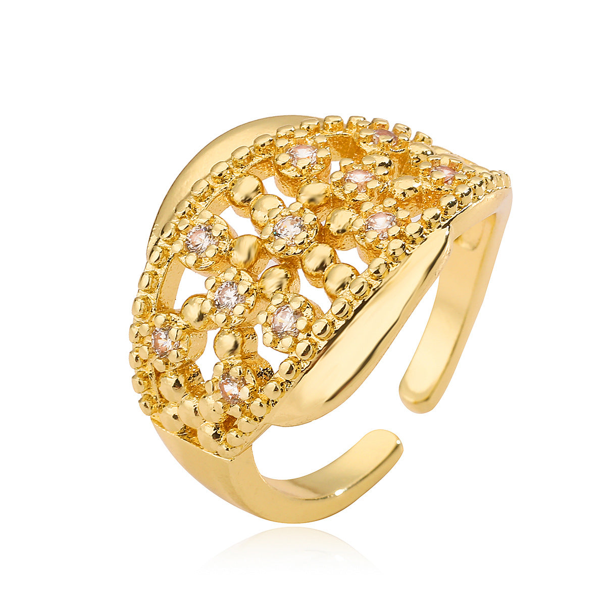 Minimalist Geometric Open Ring for Women in Brass with Real Gold Plating and Micro-Paved Zirconia