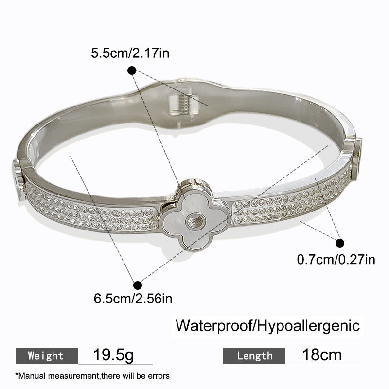 Vintage White Shell Plum Blossom Full Cubic Zirconia Plated Titanium Steel Spring Bracelet