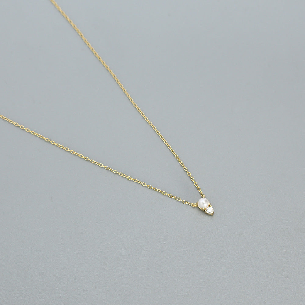 Minimalist 925 Sterling Silver Geometric Round Pearl Diamond Plated Necklace Curb Chain for Women