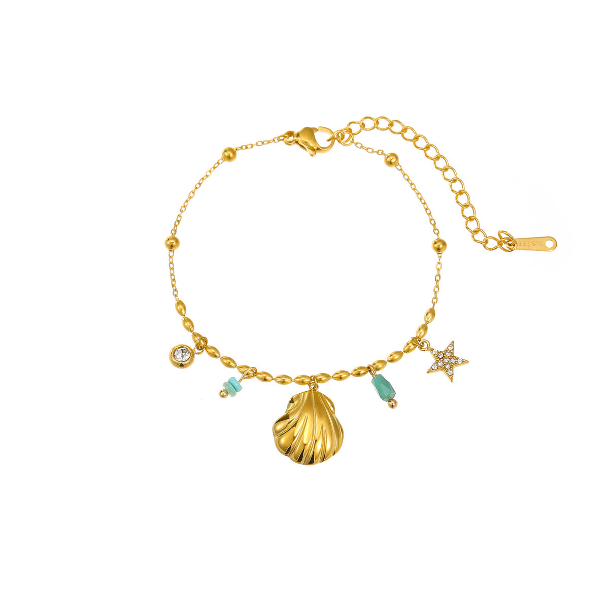 Fashionable Ocean-Inspired Shell and Star-Shaped Titanium Steel Bracelet with Zircon Inlay and 18K Gold Plating for Women