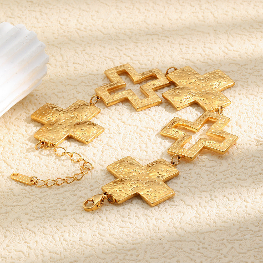 Elegant 18K Gold Plated Hammered Geometric Cross Bracelet for Women