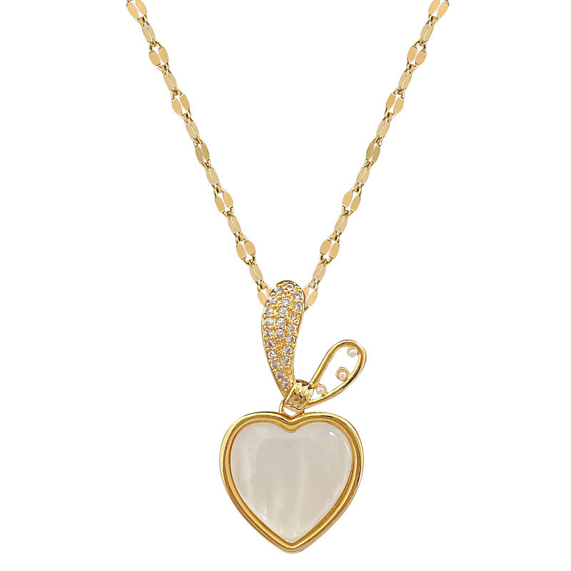 Collar Minimalista con Colgante de Corazón y Orejas de Conejo para Mujer con Cadena de Acero Inoxidable y Detalles de Pedrería